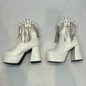 Western country cowgirl platform boot crystal stone embellished stud fringe sz 8